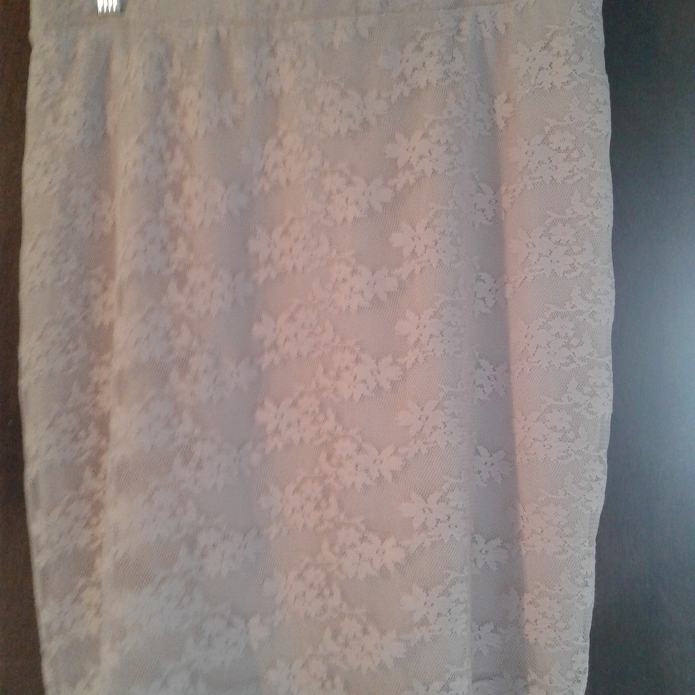 skirt, blush color, with lace overlay.